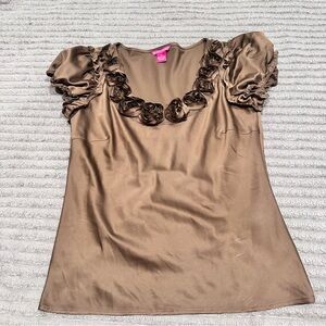 Y2K Sunny Leigh Brown Satin Rosebud Puff Sleeved Blouse